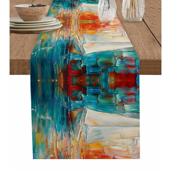 Hokiten Table Runners 70 Inches Long Dress Scarves, Colorful Ship Farmhouse Coffee/Dining/Kitchen Table Decor, Holiday Table Runner, Modern Abstract Art Ombre Oil Painting 13x70 Inch