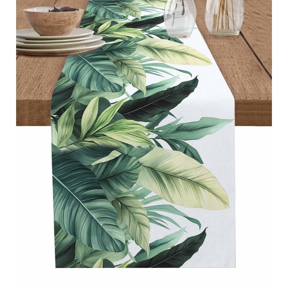 Hokiten Table Runners 70 Inches Long Dress Scarves, Green Tropical Leaves Farmhouse Coffee/Dining/Kitchen Table Decor, Holiday Table Runner, Country Summer Botanical Palm Leaf 13x70 Inch