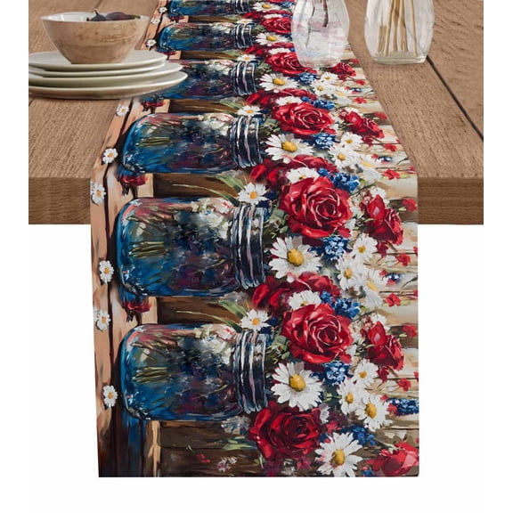 Hokiten Table Runners 70 Inches Long Dress Scarves, Independence Day Flowers Farmhouse Coffee/Dining/Kitchen Table Decor, Holiday Table Runner, Rose Vintage Daisy Painting 13x70 Inch