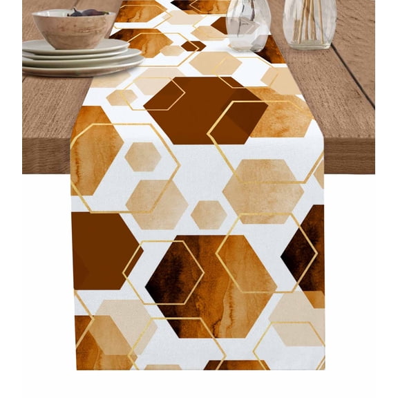 Hokiten Table Runners 70 Inches Long Dress Scarves, Orange Geometric Farmhouse Coffee/Dining/Kitchen Table Decor, Holiday Table Runner, Gold White Hexagon Modern 13x70 Inch