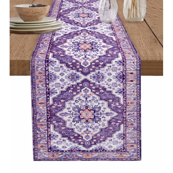 Hokiten Table Runners 70 Inches Long Dress Scarves, Purple Boho Farmhouse Coffee/Dining/Kitchen Table Decor, Holiday Table Runner, Ethnic Geometric Middle Century Art 13x70 Inch