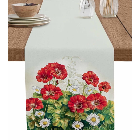 Hokiten Table Runners 70 Inches Long Dress Scarves, Red White Floral Farmhouse Coffee/Dining/Kitchen Table Decor, Holiday Table Runner, Daisy Green Botanical Leaves 13x70 Inch