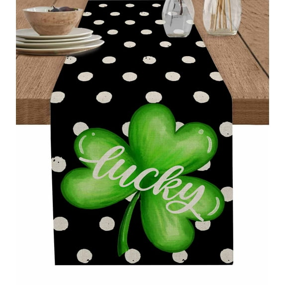 Hokiten Table Runners 70 Inches Long Dress Scarves, St. Patrick's Day Farmhouse Coffee/Dining/Kitchen Table Decor, Holiday Table Runner, Green Lucky Black White Polka Dots 13x70 Inch