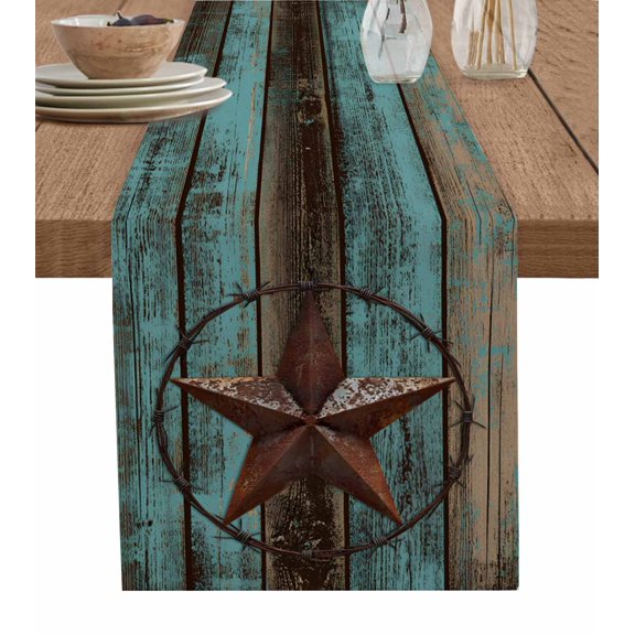 Hokiten Table Runners 70 Inches Long Dress Scarves, Teal Brown Texas Star Farmhouse Coffee/Dining/Kitchen Table Decor, Holiday Table Runner, Vintage Star Wooden 13x70 Inch