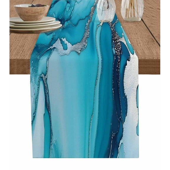 Hokiten Table Runners 70 Inches Long Dress Scarves, Turquoise Marble Farmhouse Coffee/Dining/Kitchen Table Decor, Holiday Table Runner, Teal Grey Modern Geometric 13x70 Inch