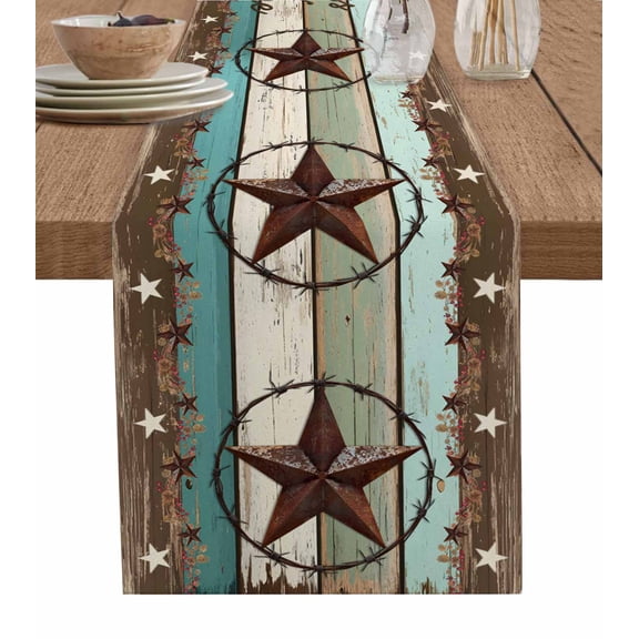 Hokiten Table Runners 70 Inches Long Dress Scarves, West Texas Star Rustic Farmhouse Coffee/Dining/Kitchen Table Decor, Holiday Table Runner, Farmhouse Teal Green Wood Plank 13x70 Inch