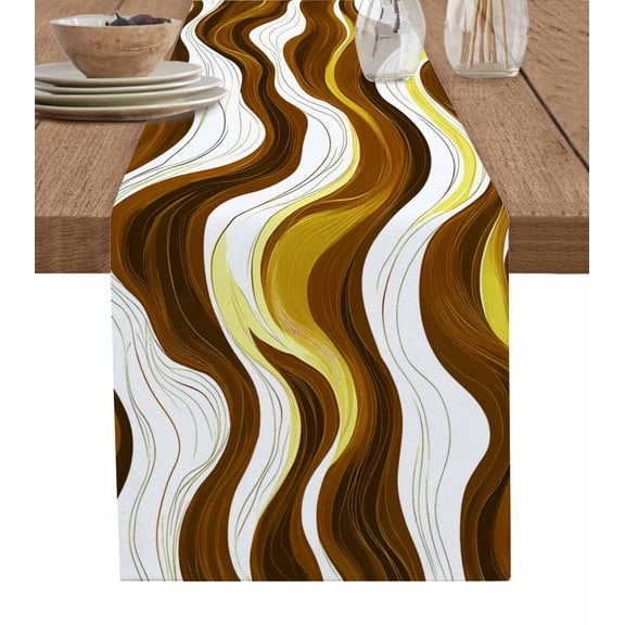 Hokiten Table Runners 72 Inches Long Dress Scarves, Brown Stripe Farmhouse Kitchen/Dining Table Runner, Coffee Tablerunners, Gold Geometric White Coastal Wave Modern Ocean 13x72 Inch