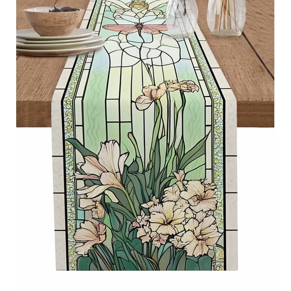 Hokiten Table Runners 72 Inches Long Dress Scarves, Butterfly Stained Glass Farmhouse Kitchen/Dining Table Runner, Coffee Tablerunners, Summer Dragonfly Botanical Vintage 16x72 Inch