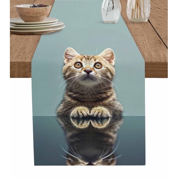 Hokiten Table Runners 72 Inches Long Dress Scarves, Cute Lovely Cat Farmhouse Kitchen/Dining Table Runner, Coffee Tablerunners, Modern Art Mirror Image Pet 13x72 Inch