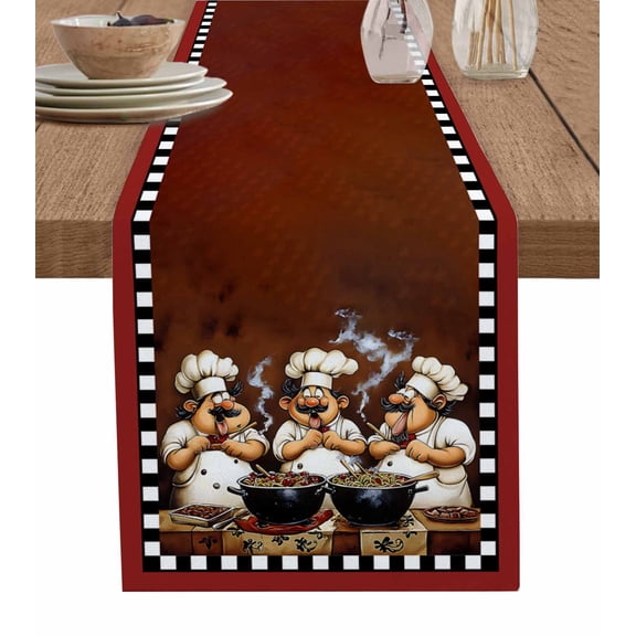 Hokiten Table Runners 72 Inches Long Dress Scarves, Fat Chef Farmhouse Kitchen/Dining Table Runner, Coffee Tablerunners, Cartoon Vintage Black Check Plaid 13x72 Inch