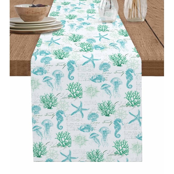 Hokiten Table Runners 72 Inches Long Dress Scarves, Green Aqua Coastal Farmhouse Kitchen/Dining Table Runner, Coffee Tablerunners, Nautical Jellyfish Seashells Starfish 13x72 Inch