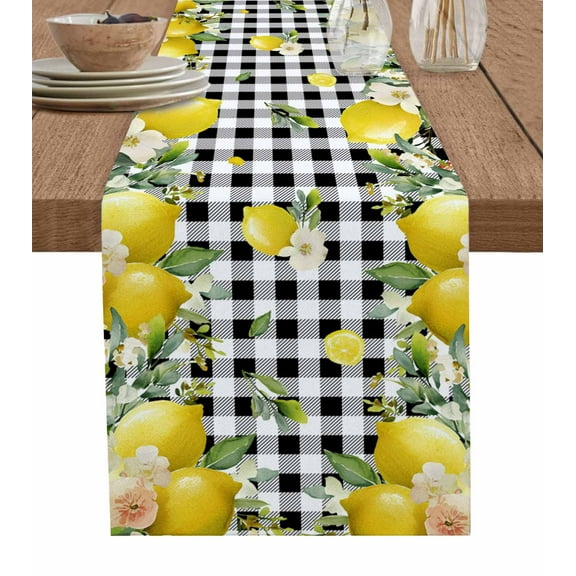 Hokiten Table Runners 72 Inches Long Dress Scarves, Lemon Farmhouse Farmhouse Kitchen/Dining Table Runner, Coffee Tablerunners, Summer Fruit Botanical Black Checked 13x72 Inch