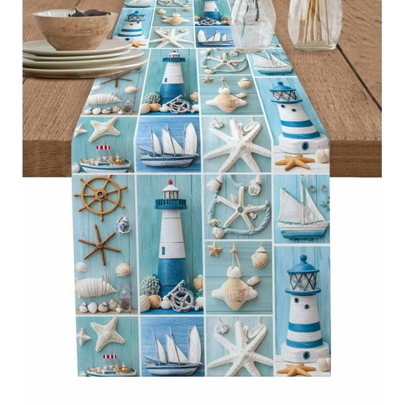 Hokiten Table Runners 72 Inches Long Dress Scarves, Ocean Coastal Farmhouse Kitchen/Dining Table Runner, Coffee Tablerunners, Nautical Starfish Lighthouse Anchor Ship 13x72 Inch