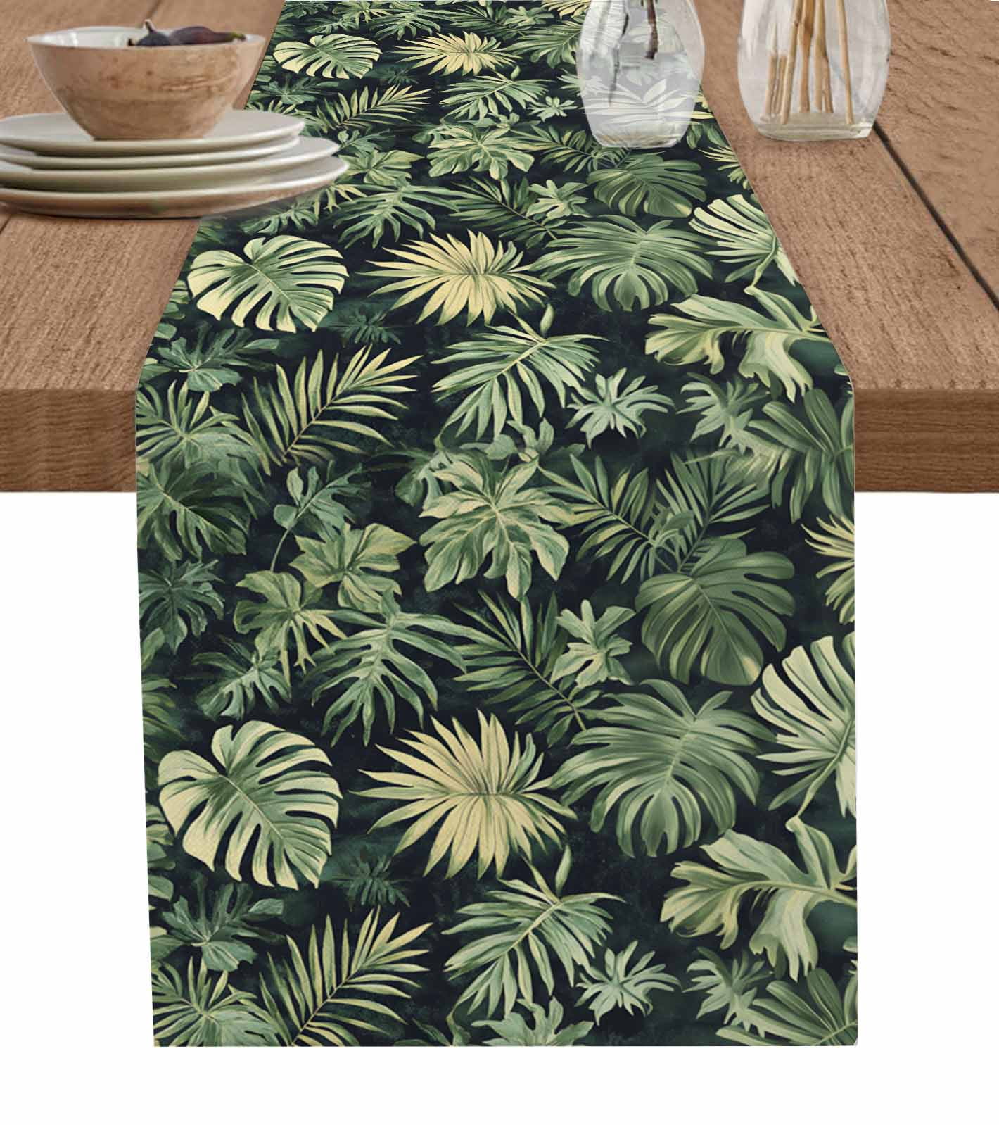 LADY MIRANDA Green Leaf Table Runner - 13x72 Inch Farmhouse Style, Summer & Seasonal Decor
