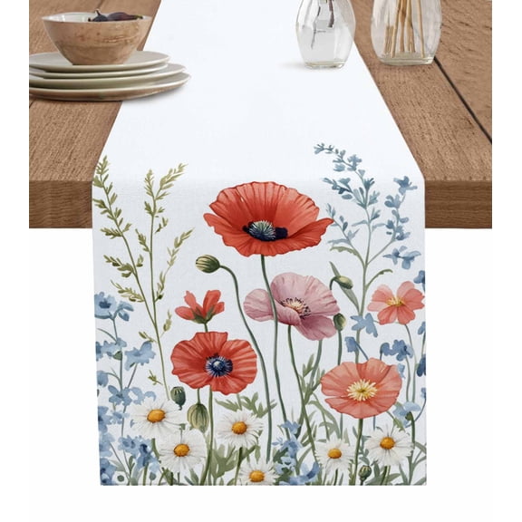 Hokiten Table Runners 72 Inches Long Dress Scarves, Red Flower Farmhouse Kitchen/Dining Table Runner, Coffee Tablerunners, Botanical Blue Plant Pink Garden Poppy Floral 13x72 Inch