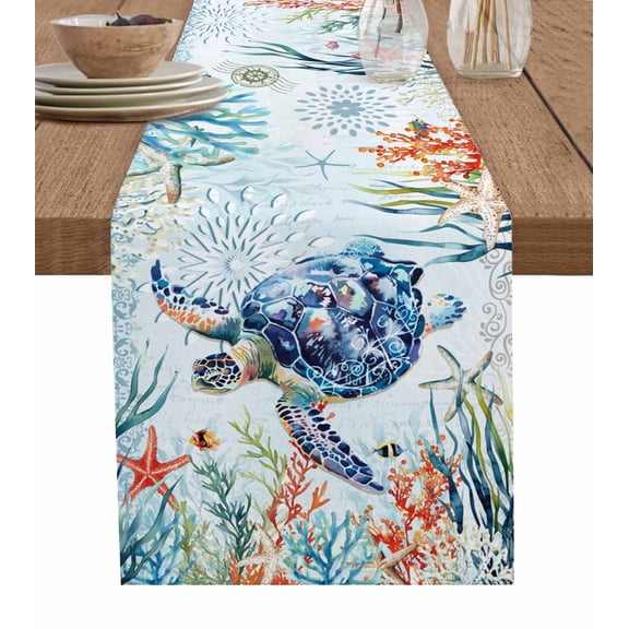 Hokiten Table Runners 72 Inches Long Dress Scarves, Sea Turtle Coastal Farmhouse Kitchen/Dining Table Runner, Coffee Tablerunners, Summer Beach Coral Ocean Nautical 13x72 Inch