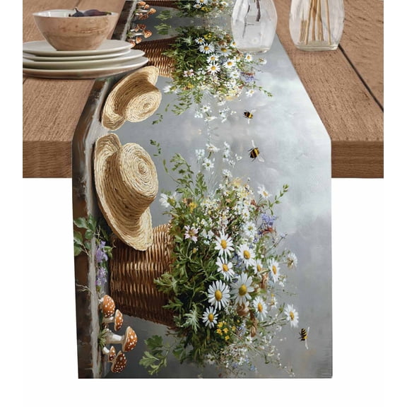 Hokiten Table Runners 72 Inches Long Dress Scarves, Spring Floral Farmhouse Kitchen/Dining Table Runner, Coffee Tablerunners, Summer Flower Pastoral Watercolor Bee 13x72 Inch
