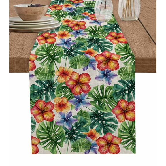Hokiten Table Runners 72 Inches Long Dress Scarves, Tropical Botanical Farmhouse Kitchen/Dining Table Runner, Coffee Tablerunners, Summer Leaves Flowers Burlap 13x72 Inch