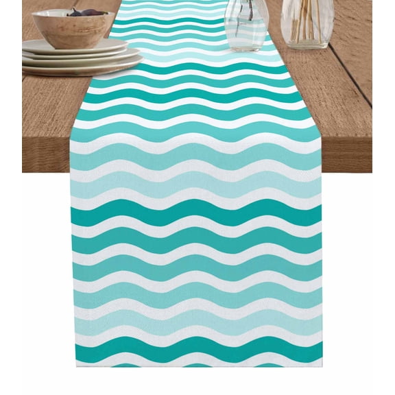 Hokiten Table Runners 72 Inches Long Dress Scarves, Turquoise Striped Ombre Farmhouse Kitchen/Dining Table Runner, Coffee Tablerunners, Geometric Modern Gradient Ocean White 13x72 Inch