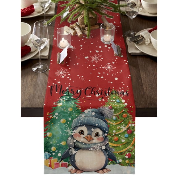 Hokiten Table Runners 72 Inches Long Dress Scarves, Winter Penguin, Farmhouse Kitchen/Dining Table Runner, Coffee Tablerunners, Christmas Snowy Pine Tree Red 16x72 Inch