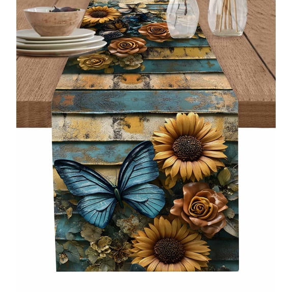 Hokiten Table Runners 72 Inches Long Dress Scarves, Yellow Flower Butterfly Farmhouse Kitchen/Dining Table Runner, Coffee Tablerunners, Teal Metal Striped Vintage 13x72 Inch