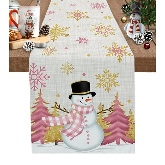 Hokiten Table Runners 90 Inches Long Dress Scarves, Pink Snowman, Farmhouse Coffee/Dining/Kitchen Table Runner for Living Room, Christmas Blush Pine Tree Snowflake 13x90 Inch