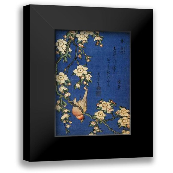 Hokusai 11x14 Black Modern Framed Museum Art Print Titled - Weeping Cherry And A Bullfinch