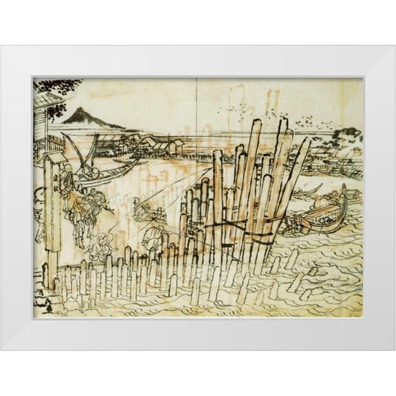 Hokusai 14x11 White Modern Wood Framed Museum Art Print Titled - Fishing At Shimadagahana 1833