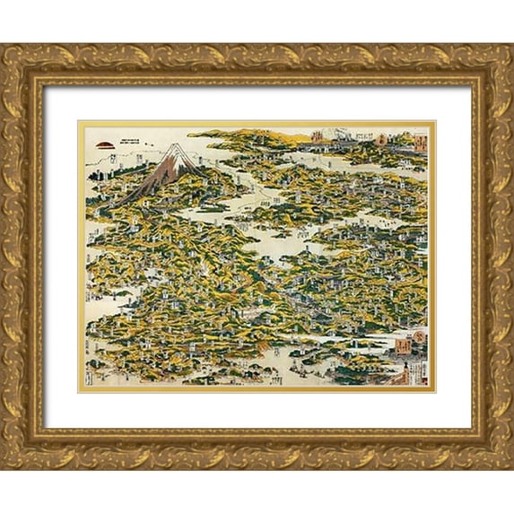 Hokusai 14x12 Gold Ornate Wood Framed with Double Matting Museum Art Print Titled - Map Of The Tokaido Road 1818