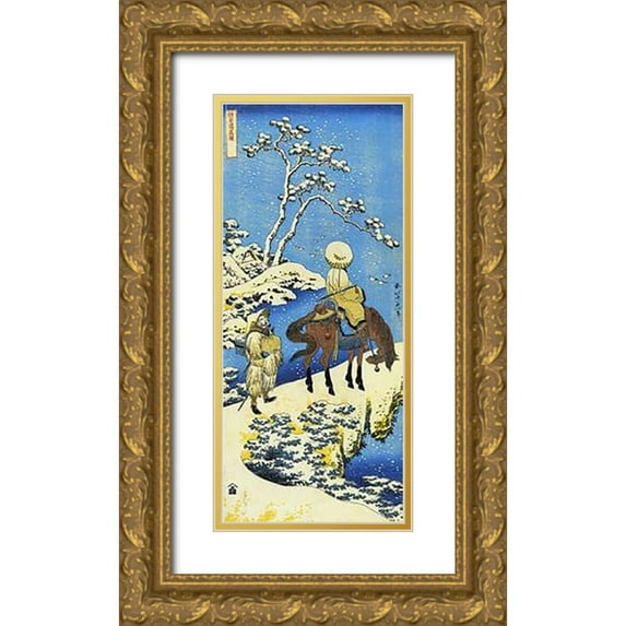 Hokusai 16x32 Gold Ornate Wood Framed with Double Matting Museum Art Print Titled - Rider In The Snow