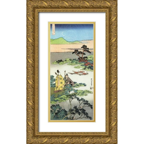 Hokusai 17x32 Gold Ornate Wood Framed with Double Matting Museum Art Print Titled - Three Noblemen By A Lake