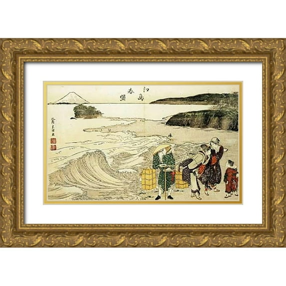 Hokusai 24x16 Gold Ornate Wood Framed with Double Matting Museum Art Print Titled - Women On The Beach At Enoshima
