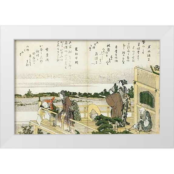 Hokusai 24x17 White Modern Wood Framed Museum Art Print Titled - People On The Balcony Of The Sazaido