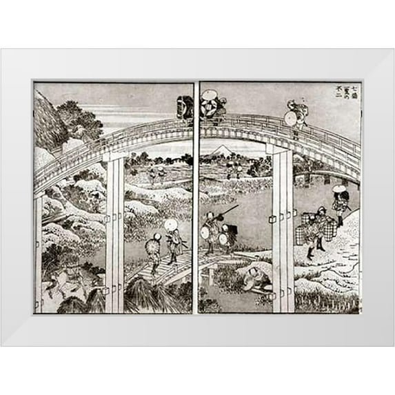 Hokusai 24x18 White Modern Wood Framed Museum Art Print Titled - Seven Bridges In One View With Mt Fuji