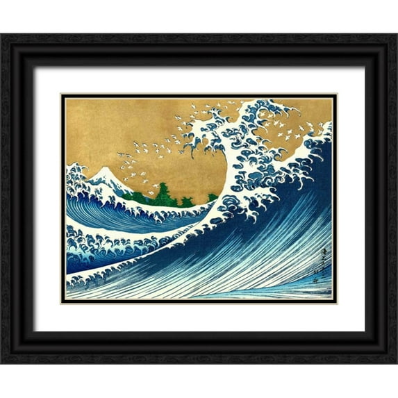 Hokusai 24x19 Black Ornate Wood Framed with Double Matting Museum Art Print Titled - The Big Wave-from 100 views of Mt. Fuji