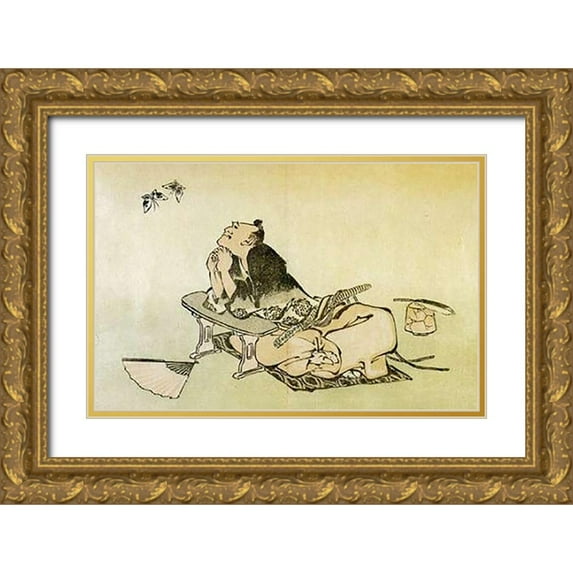 Hokusai 32x22 Gold Ornate Wood Framed with Double Matting Museum Art Print Titled - A Philosopher Watching Butterflies 1814