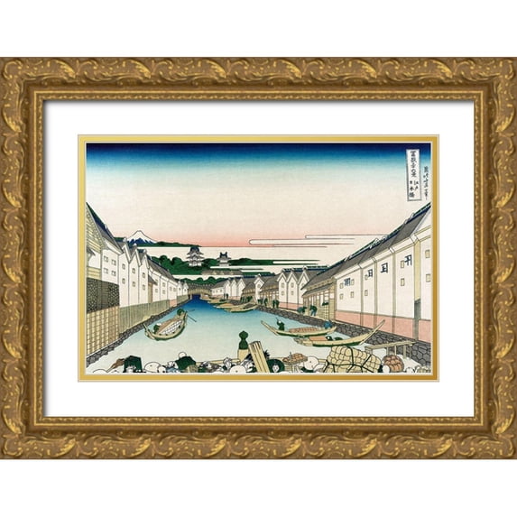 Hokusai 32x23 Gold Ornate Wood Framed with Double Matting Museum Art Print Titled - Nihonbashi Bridge in Edo, 1830