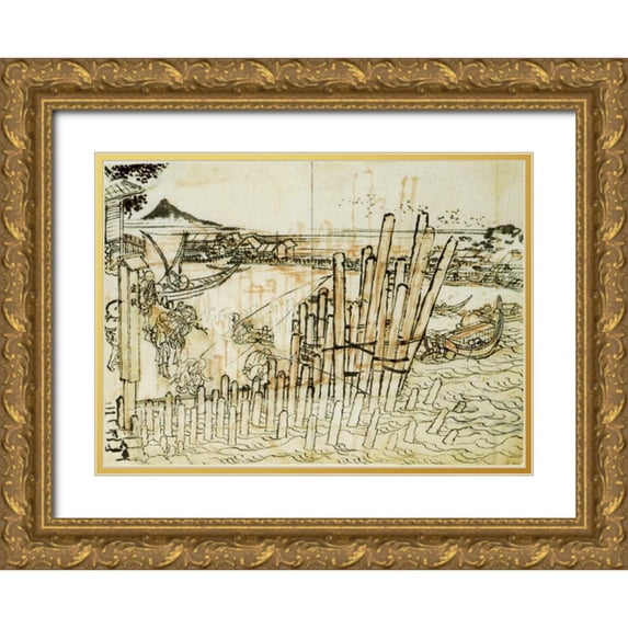 Hokusai 32x24 Gold Ornate Wood Framed with Double Matting Museum Art Print Titled - Fishing At Shimadagahana 1833