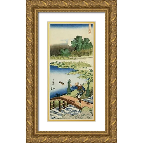Hokusai 9x14 Gold Ornate Wood Framed with Double Matting Museum Art Print Titled - A Peasant Crossing A Bridge