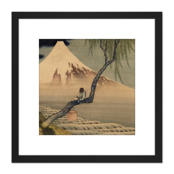 Hokusai Boy Viewing Mount Fuji 8X8 Inch Square Wooden Framed Wall Art Print Picture with Mount