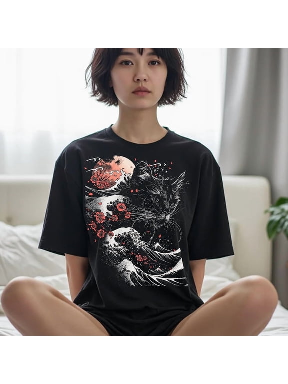 Hokusai Cat Shirt, Nautical Japanese Waves Tshirt, Cherry Blossom Sakura T-shirt, Alt Clothing Graphic Tee, Grunge Aesthetic T Shirt, UNISEX