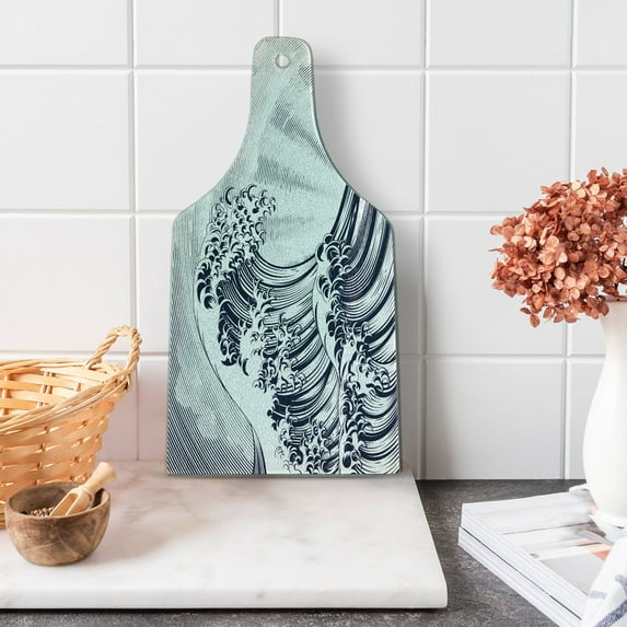 Hokusai Cutting Board, Vintage Woodcut Engraved Etching Style Oriental Japanese Waves Arrangement, Decorative Tempered Glass Cutting and Serving Board, in 3 Sizes, by Ambesonne