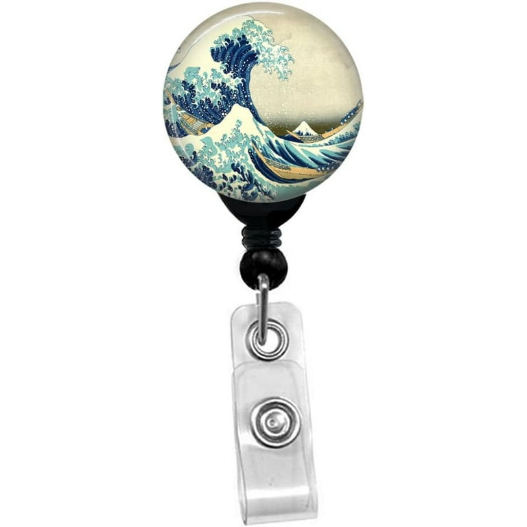 Hokusai - Great Wave Off Kanagawa - Retractable Badge Reel - ID Name Tag Custom  Badge Holder (Black Badge Reel with Belt Slide Clip) 