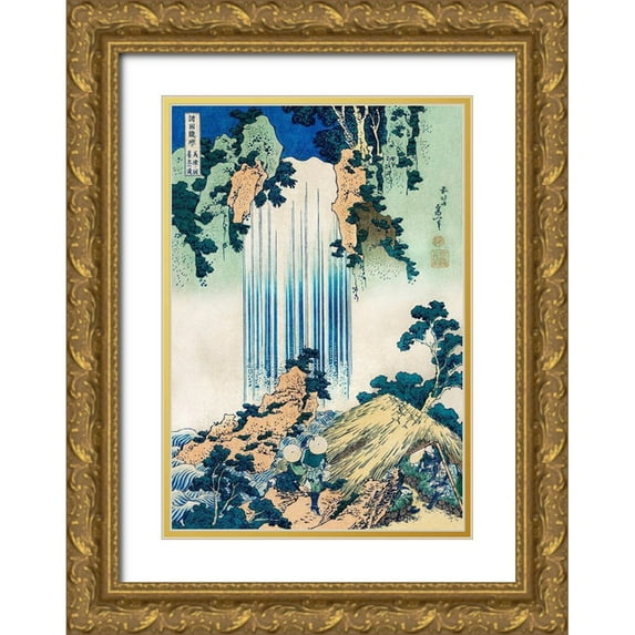 Hokusai, Katsushika 14x18 Gold Ornate Wood Framed with Double Matting Museum Art Print Titled - Yoro Waterfall in Mino Province