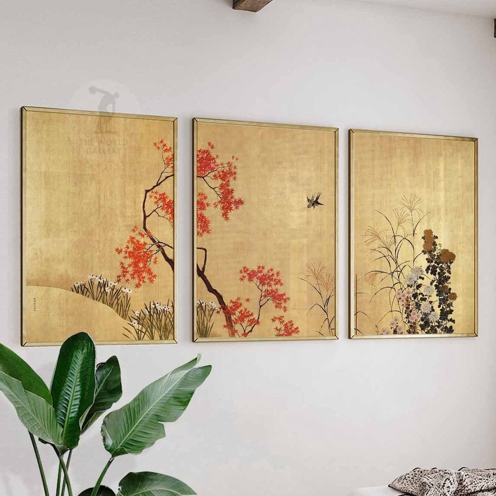 Hokusai Ogata Korin Japanese Gold Floral Poster Set Wall Art Set 3 ...