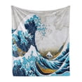 thumbnail image 1 of Hokusai Soft Flannel Fleece Throw Blanket, Illustration of Graphical Waves Splashing with People in the Boats Through Ocean, Cozy Plush for Indoor and Outdoor Use, 50" x 70", Multicolor, by Ambesonne, 1 of 6