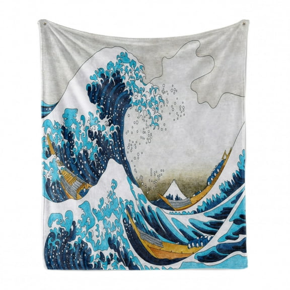 Hokusai Soft Flannel Fleece Throw Blanket, Illustration of Graphical Waves Splashing with People in the Boats Through Ocean, Cozy Plush for Indoor and Outdoor Use, 50" x 70", Multicolor, by Ambesonne