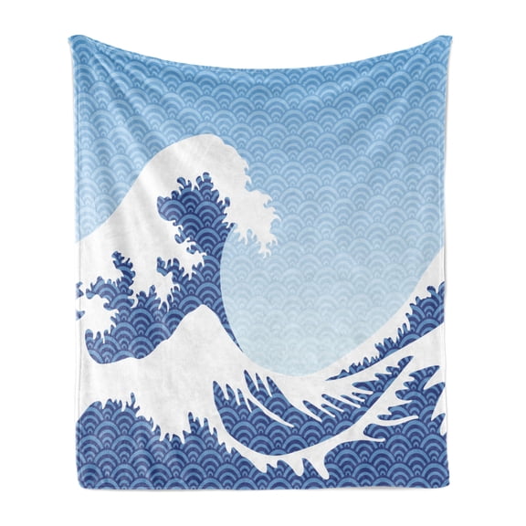 Hokusai Soft Flannel Fleece Throw Blanket, Wave in a Vintage Style Composition Japanese Folklore Pattern, Cozy Plush for Indoor and Outdoor Use, 50" x 70", Indigo Pale Blue, by Ambesonne