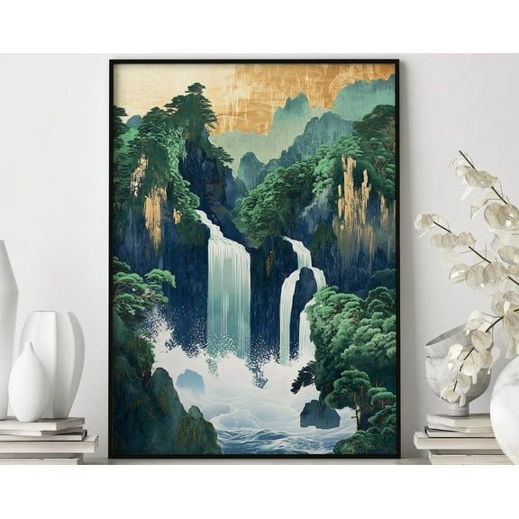 Hokusai Ukiyo-E Japanese Waterfall Wall Art, Japanese Wall Decor, Landscape Poster, Green Japanese Home Decor, Japanese Lover Gift Wall Art, Modern Wall Decor, 8x12 UNFRAMED