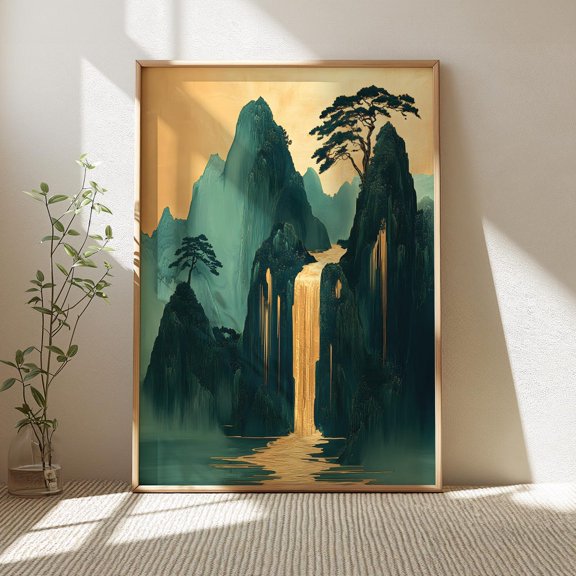 Hokusai Ukiyo-e Japanese Waterfall Green Gold Landscape Asian Decor